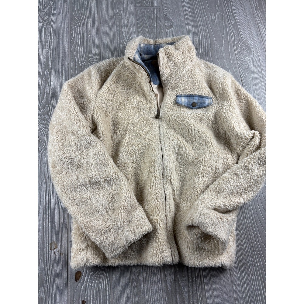 Pendleton Fuzzy Sherpa Zip Jacket Cream Ivory Blue Plaid Pocket Womens Large